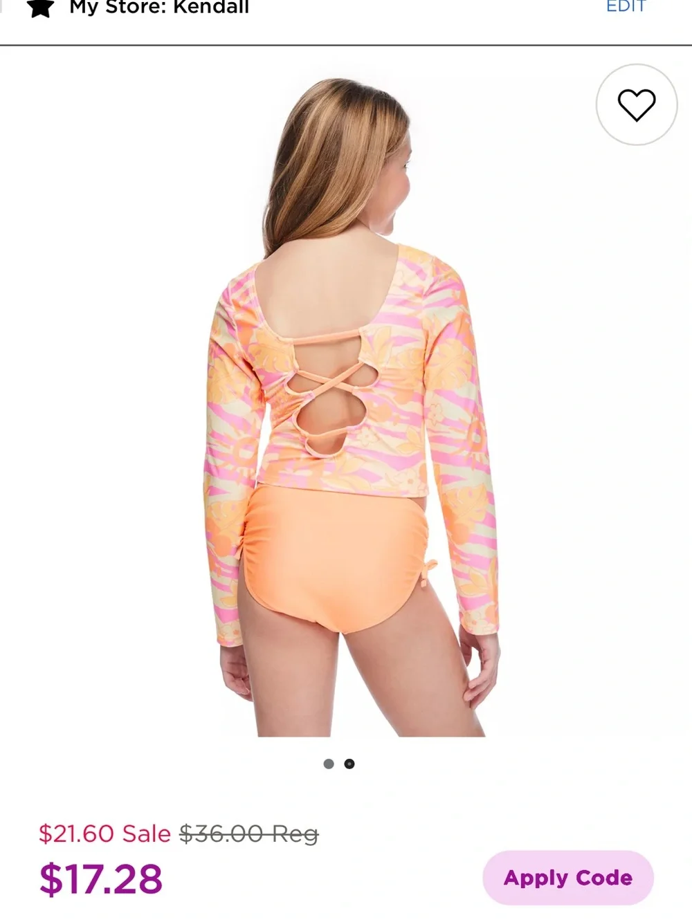 NWT Girls' Neon Peach Floral Long-Sleeve Rash Guard Set
